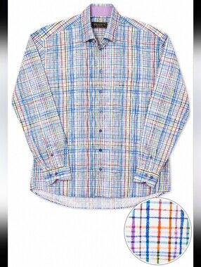 Reserve Multicolor Abstract Plaid‎ Long-Sleeve Button-Down Shirt 100% Cotton